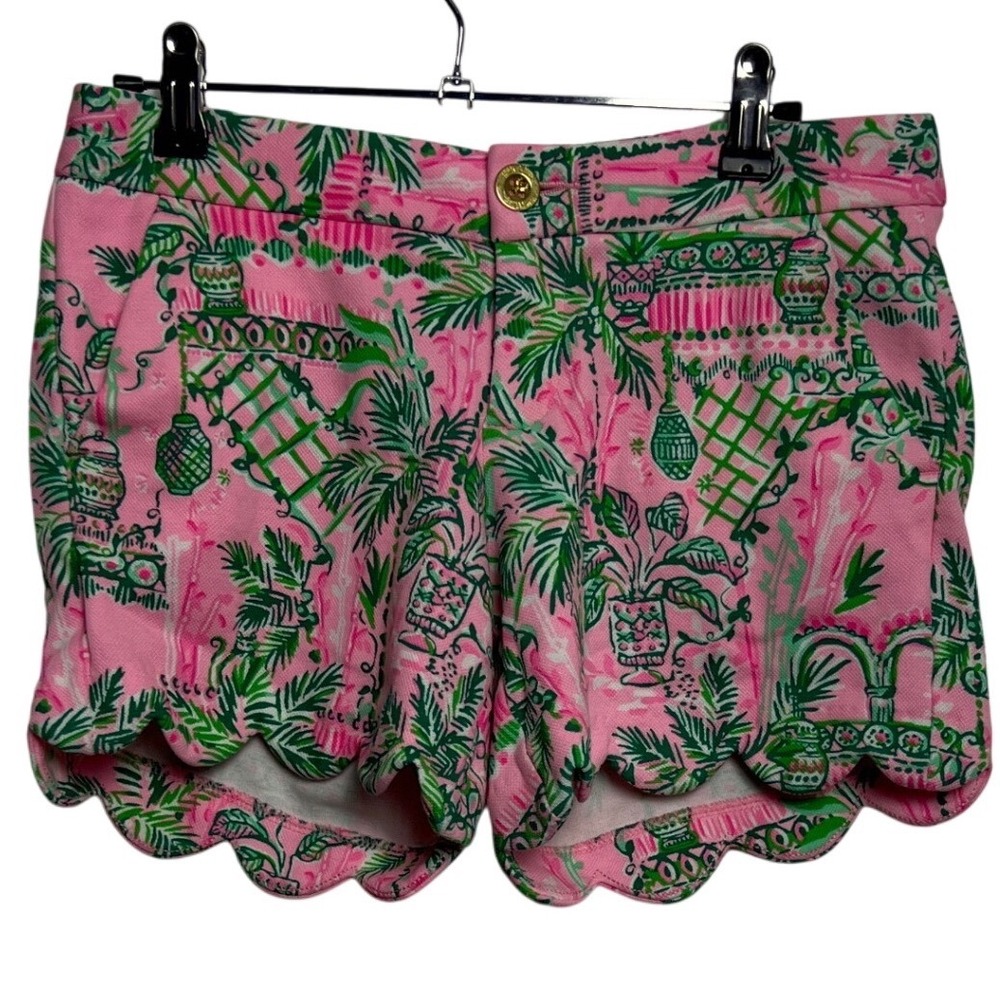 Lilly Pulitzer Buttercup Scallop Hem Shorts Pink Green Tropical Garden 0 Beach